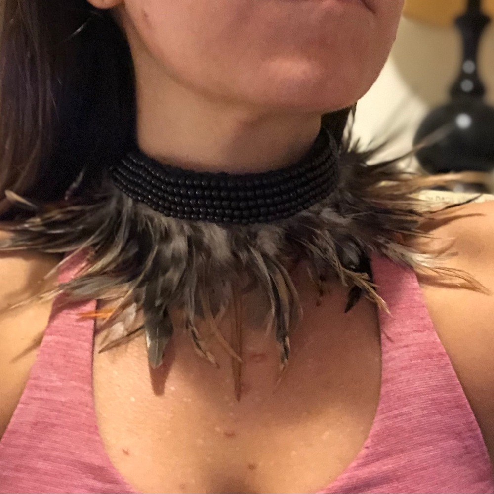 Tiger feather choker w/ black beads on macrame